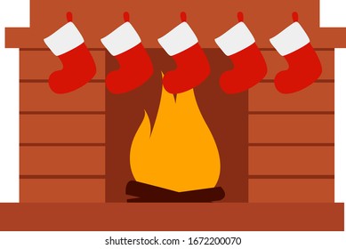 Fireplace with socks, illustration, vector on white background.