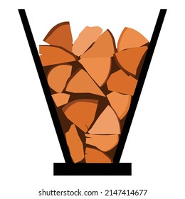 Fireplace stand full of chopped logs isolated on white background. Firewood stack. Vector