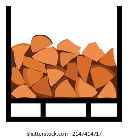 Fireplace stand full of chopped logs isolated on white background. Firewood stack. Vector