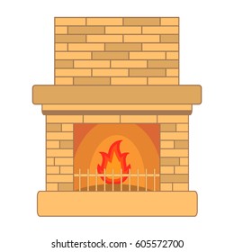 Fireplace stone with the burning firewood. A concept of design of an element of an interior for a country house. In flat a vector. For heating and heating of the building in the winter or in the fall.