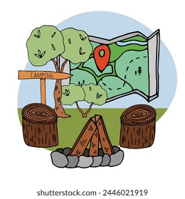 Fireplace with stumps,map,tree. Place for camping and outdoor recreation. Hiking in the mountains, forest. Colorized doodle illustration isolated on white background. Cute hand drawn in bright colors.