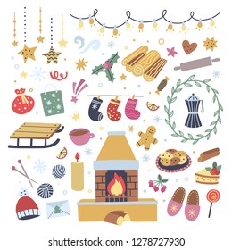 Fireplace, sweet food, coffee, interior decorations on white background. Lovely vector illustrations for winter holidays