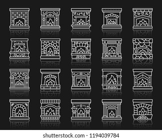 Fireplace thin line icon set. Outline web sign kit of christmas time. Open Fire linear icons of santa chimney, retro stove, iron frame. Simple fireplace white contour symbol. Vector Illustration