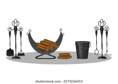 Fireplace tools and accessories. Firebox with firewood, scoop, brush, poker, forceps and coal bucket. Vector illustration