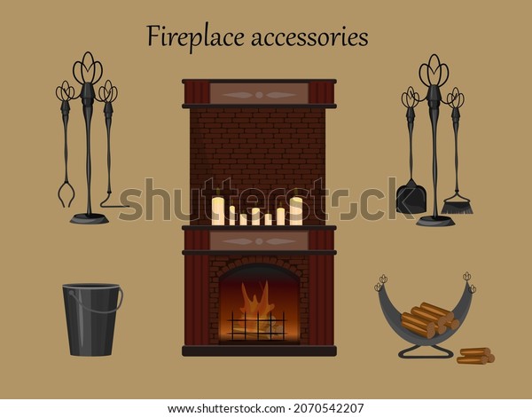 Fireplace tools and accessories. Fireplace,\
firebox with firewood, scoop, brush, poker, forceps and coal\
bucket. Vector\
illustration