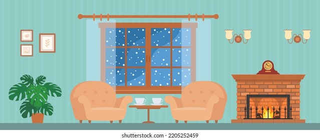 Fireplace, two cozy armchairs and window in interior. Home interior concept. Cartoon flat style. Vector illustration
