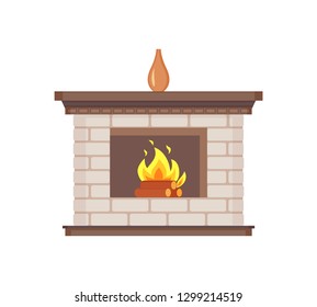 Fireplace with vase standing on top isolated icon vector. Flames wooden logs burning, heating system of houses. Interior design of homes bricks decor
