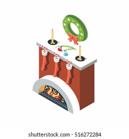 Fireplace, vector christmas isometric illustration, 3d flat icon, white background