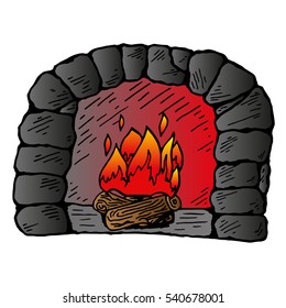 Fireplace. Vector of a home fireplace made of stone. Hand drawn fireplace with wood. Fire in the fireplace.