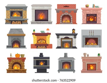 Fireplace Vector House Christmas Wood Fire Place Home Illustration Warm Winter Interior Bonfire Isolated Illustration Set