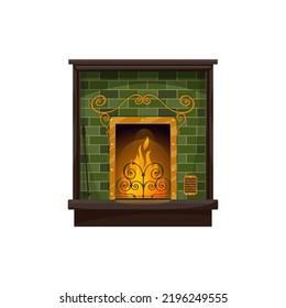 Fireplace vector icon, classic chimney design of green brick with burning fire. Indoor hearth in traditional style with metal forging and poker isolated on white background, cartoon sign