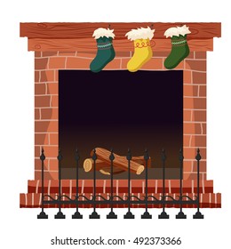 Fireplace. Vector illustration of a Christmas fireplace. Isolated on white background.