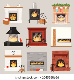 Kamin, Vektorgrafik warmer Feuer im Inneren des Heims zu Weihnachten im Winter zu erhitzen Haus-Illustration Set brennendes Feuerholz auf Weihnachten einzeln auf weißem Hintergrund