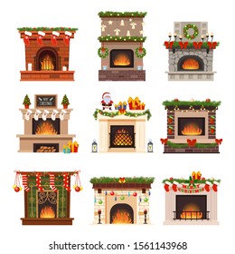 Fireplace Vector Warm Fire Place Decor Socks, Santa, Gifts At Home On Christmas Celebration. Illustration Set Of Burning Firewood On Xmas. Winter Holiday Decoration Isolated On White Background.