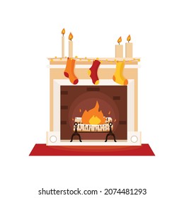 Chimenea vectorial fuego cálido lugar decoración garland, calcetines en celebración navideña. Ilustración de quemar leña y encender fuego en Navidad aislados en el fondo 