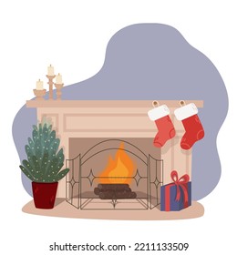 Fireplace vector warm fire place decor socks,  gift and christmas tree at home Illustration set of burning firewood on xmas. Winter holiday decoration isolated on white background.