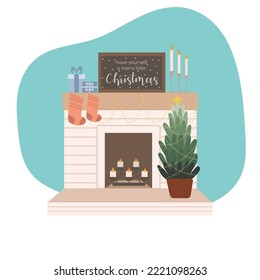 Fireplace vector warm fire place decor socks,candles, gift and christmas tree. Winter holiday decoration isolated on white background.