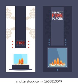 Fireplace Vertical Banner, Modern Home Decoration Shop, Luxury Interior Design Store, Vector Illustration. Electric Or Gas Fireplace For Modern House And Cozy Apartment Interior. Luxury Lifestyle Shop