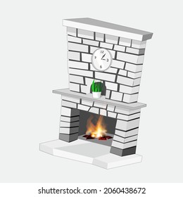 Fireplace with white brick, with hot fire inside, furnace. Сlock and flowerpot on the mantelpiece. The interior living room. Vector illustration.