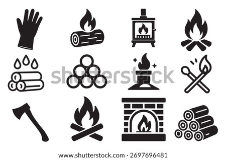 Fireplace and wood burning elements shown as simple black icons.