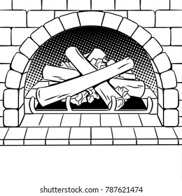 Fireplace with wood coloring book vector illustration. Isolated image on white background. Comic book style imitation.