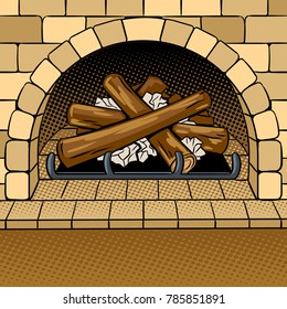 Fireplace with wood pop art retro vector illustration. Comic book style imitation.