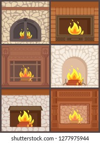 Fireplace wooden and stone paved furnaces set vector. Burning logs and wood inside, opened and closed types of heating system of house in wintertime