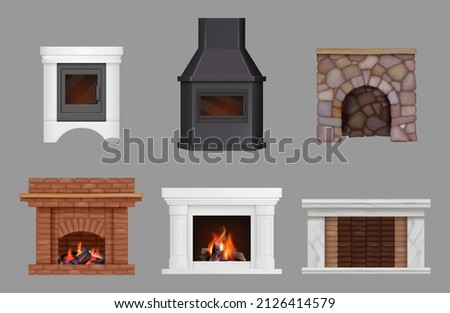 Fireplaces. Brick decorative chimney with fire modern interior decoration decent vector home realistic fireplaces