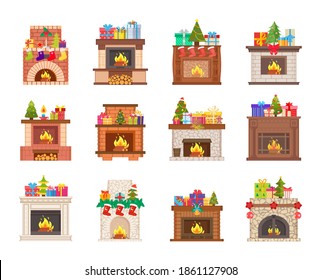 Fireplaces Christmas socks and presents decoration vector. Giftbox and wood burning, winter holiday furniture interior decor Santa Claus hat gifts