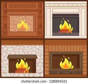 Fireplaces in classic styles wooden and stone decoration vector. Set of furnaces of open kind, burning logs orange flames. Carved ornamental decor interior