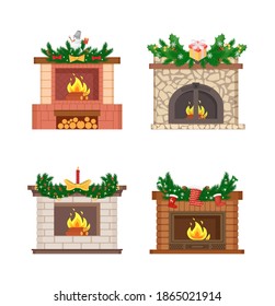 Fireplaces decorated with pine branches isolated icons vector. Christmas winter holidays decoration, mistletoe leaves, candles and snowman garlands