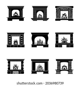 Fireplaces of different types with different finishes, flames and firewood on a white background. A vector image.