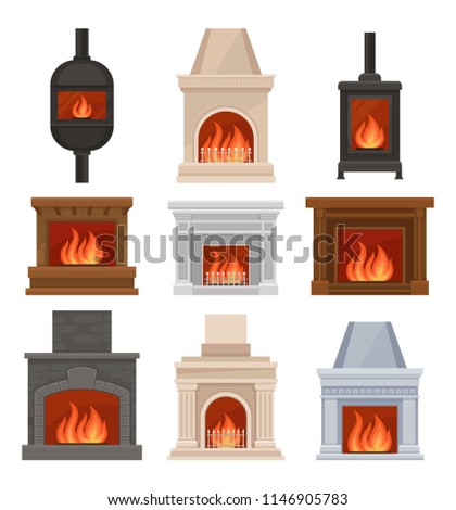 Fireplaces Fire Set Stone Cast Iron Stock Vector Royalty Free