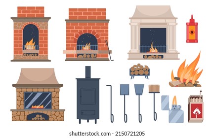 Fireplaces and hearths design elements set. Colorful stickers with gas fireplaces, matches, burning wood, shovels and metal pokers. Cartoon flat vector collection isolated on white background