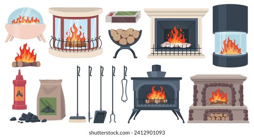 Fireplaces and hearths elements. Lighting home fire accessories, interior heating facilities, woodcutter, coals and ignition, modern and retro design, cartoon recent