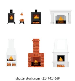 Fireplaces and hearths vector set. Collection of various fireplaces, fire and burning wood.