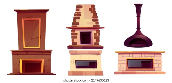 Lugares de fuego, hogar aislado en un fondo blanco. Juego de dibujos animados vectores de chimeneas vacías de mármol, ladrillo, piedra natural y hierro con chimenea y chimenea