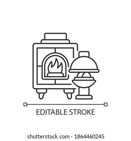 Fireplaces linear icon. Wood burning stoves. Heating home. Warm and cozy style. Thin line customizable illustration. Contour symbol. Vector isolated outline drawing. Editable stroke