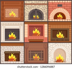 Fireplaces set different shapes and types of stoves vector. Furnaces made of stone, redbrick or wooden material, burning logs, classic style of decor