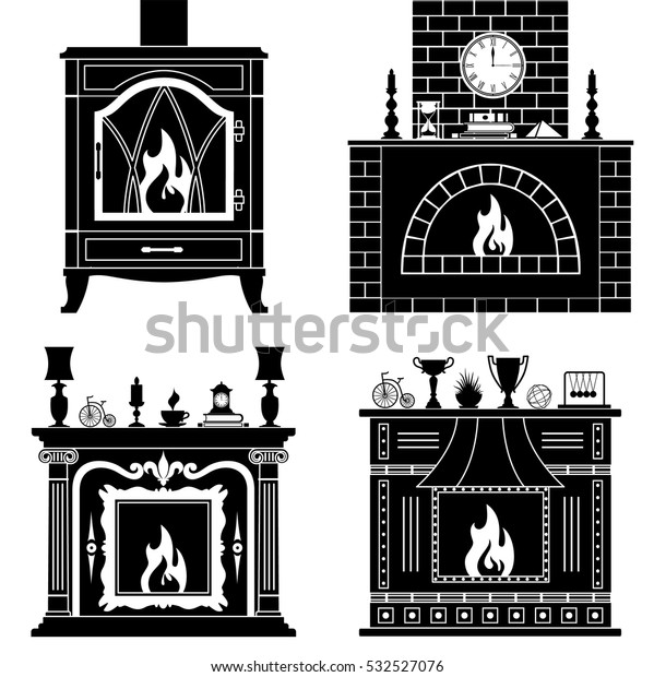 Fireplaces Silhouettes Isolated On White Background Royalty Free