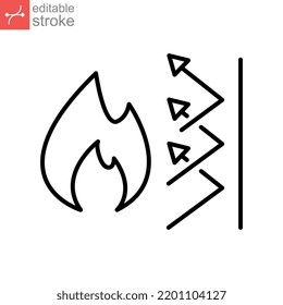 feuerbeständiges Symbol. Unterstützung für Fireproofing. Feuerdämmung, Brandsicherheitssystem. Thermisches Reflektiv der Flammenverbrennung. Bearbeitbare Strich-Vektorgrafik. Design auf weißem Hintergrund. EPS10