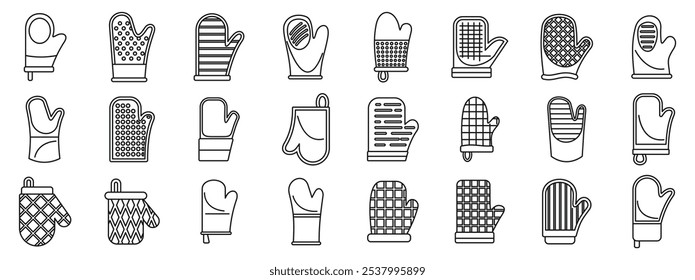 Fireproof kitchen mittens icons set. Different types of kitchen oven mitts and gloves, essential tools for safe cooking and handling hot cookware