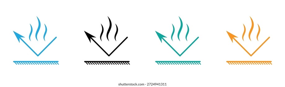 Feuerfestes Material. Symbol für feuer- und dampfbeständige Beschichtung. Schutz vor Gas, Staub und Aerosolen. Farbige Pfeile, die mit Dampf vom Boden aufsteigen.