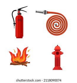 Juego a prueba de fuego. Agua para incendios, manguera de agua, extinguidor de incendios, fogata. Icono, clipart para sitio web, aplicaciones sobre seguridad, equipos de extinción de incendios, protección. Ilustración de panel plano vectorial, caricatura.