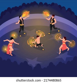 Fireshow people isometric composition with fire dance show symbols vector illustration