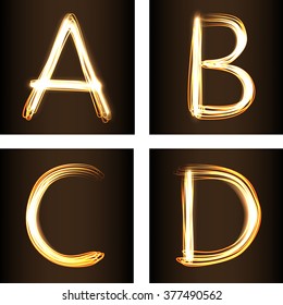 Fireshow style set of letters A,B,C, and D, vector illustration. Part of collection letters and numbers  in this style