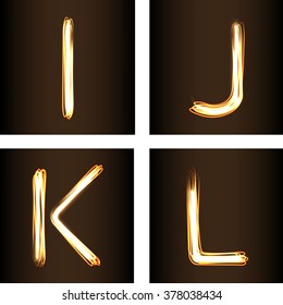 Fire-show style set of letters I, J, L and L, vector illustration. Part of collection letters and numbers  in this style