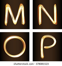 Fire-show style set of letters M, N, O and P, vector illustration. Part of collection letters and numbers  in this style