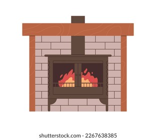 Fireside, home fire place, warm cosy furnace. Fireplace with glowing flames, doors, brick wall. House hearth. Hot indoor decoration. Flat vector illustration isolated on white background