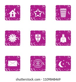 Fireside icons set. Grunge set of 9 fireside vector icons for web isolated on white background